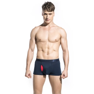Detailansicht der Herren-Boxershorts in Marineblau mit grauem Bund und roter Naht