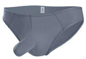 Detail of men's grey briefs featuring a functional long pouch design and inner brand tag