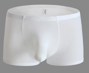 Detail view of white ice silk men's boxers with 3D ergonomic u-convex pouch design