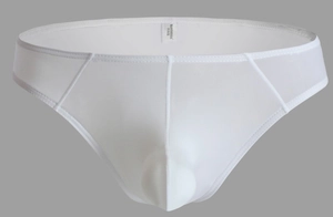 Detail view of men's white breathable mesh briefs with ergonomic 3D pouch design