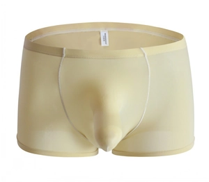 Detail of light yellow ice silk men's boxer briefs with ergonomic bulge pouch