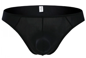 Detailed view of black men's sexy mesh briefs with thin breathable fabric and elastic waistband