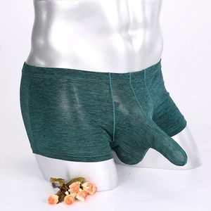 Detailed macro view of long pouch structure on men's boxer briefs with knit texture