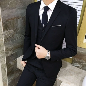 Slim fit black three-piece men's business suit with single-breasted blazer, vest and tie