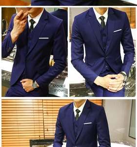 Three-piece navy blue slim fit suit featuring blazer, vest, and trousers on model
