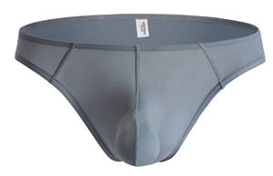 Detailed view of grey men's 3D pouch underwear in smooth high-elastic fabric