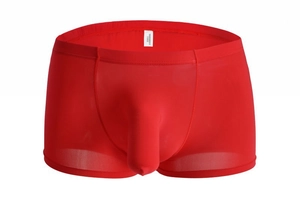 Detail view of men's red ice silk boxer briefs with U-convex anatomical pouch design