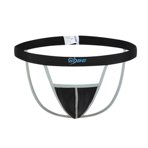 Men's sexy ice silk jockstrap with ergonomic support in black and grey colorway