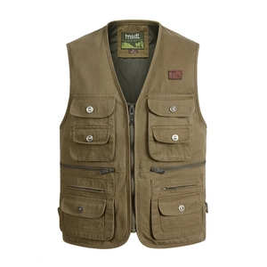 Detailed view of durable khaki tactical vest with functional multi-pockets and V-neckline