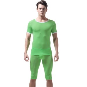 Close-up of men's fluorescent green ice silk short sleeve T-shirt and shorts set