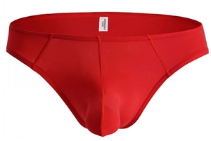 Close-up of bright red men's briefs with ergonomic U-convex pouch and brand waist label