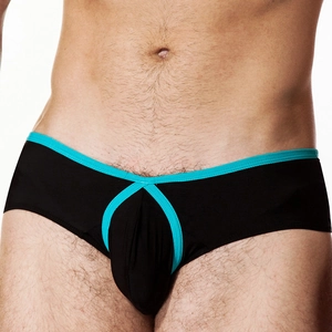 Men's low rise fashion boxer briefs in black with blue contrast trim and athletic cut