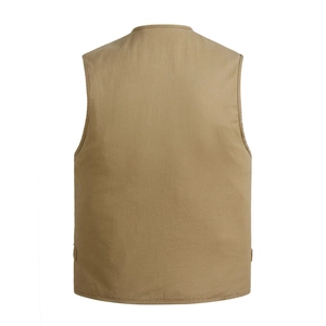Back view of a khaki outdoor utility vest in heavy-duty fabric with a round neckline