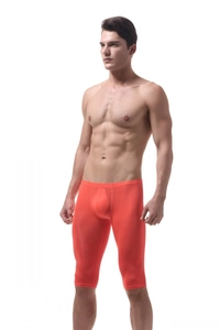 Close-up of bright orange ice silk men's leggings with breathable translucent fabric