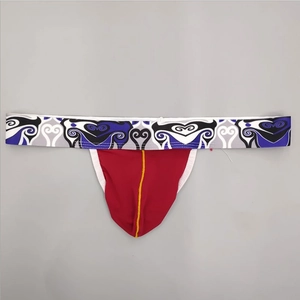 Detail of red men's ice silk thong with geometric waistband and vertical contrast stitching