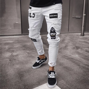 Men's Hip Hop Ripped Skinny Jeans Distressed Patchwork Slim Fit Denim Pants Streetwear White Light Blue Embroidery Trousers