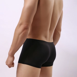 Seamless ice silk men's boxer briefs in solid black with flexible u-pouch design