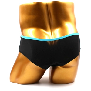 Men's low-waist boxer briefs in black elastic fabric with vibrant blue waist trim