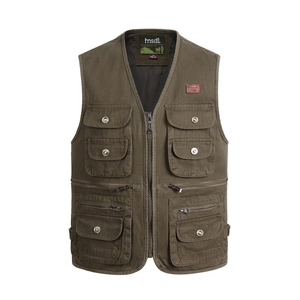 Detail of army green utility vest showing multi-pocket design and internal size labels
