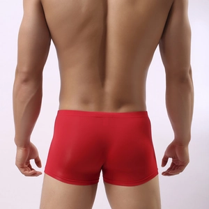 Rear view of red men's ice silk boxer briefs showing smooth elastic fabric fit