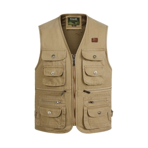 Detail of khaki multi-pocket utility vest showing V-neck design and sturdy zippers