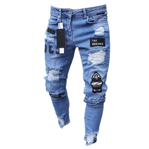 Men's slim-fit light blue distressed denim jeans with embroidery patches and ripped holes