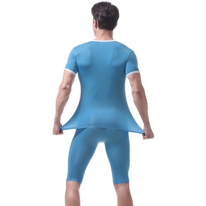 Close-up of sky blue ice silk fabric showing high elasticity and stretch of the men's set