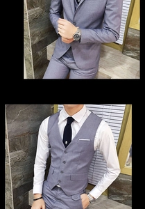 Detail of grey three-piece slim fit suit featuring a single-breasted blazer and vest