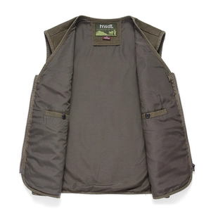Detail of the olive outdoor vest showing symmetrical inner pockets and size label