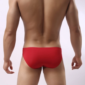 Back view of men's red sexy low-rise briefs showing fit and premium fabric texture