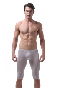 Detailed view of grey ice silk men's tight athletic shorts with high elastic compression
