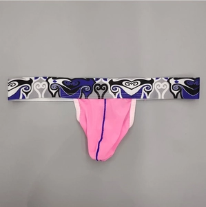 Men Sexy Ice Satin Jockstrap Seamless Low Rise Thong Supportive Pouch Athletic Underwear Printed Waistband Heart Pattern