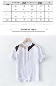 Detailed size chart for men's linen patchwork t-shirt from size M to 3XL with measurements