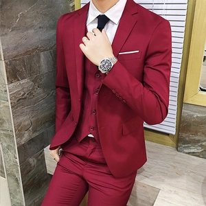 Slim fit three-piece burgundy men suit with blazer, vest, and trousers for business