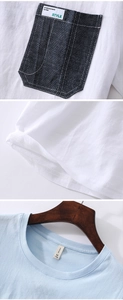 Detailed views of cotton fabric texture, denim pocket stitching, and neckline craft