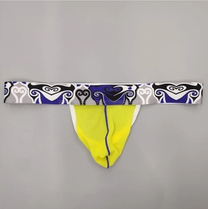 Men's sexy jockstrap in yellow mesh fabric with geometric elastic waistband