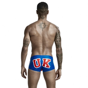 Rear view of men's low-waist royal blue swim trunks featuring a bold UK print design