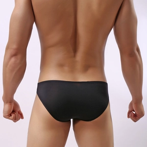 Rear view of men's black elephant nose briefs in smooth stretchy fabric with low-waist cut