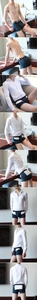 Detail view of men's boxer briefs paired with shirt garters and a classic white formal shirt