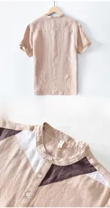 Macro detail of the color-block collar and linen fabric texture on men's shirt