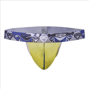 Men's ice silk low-rise thong with heart pattern waistband and yellow front pouch