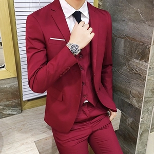 Slim fit red three-piece suit for men featuring single-breasted blazer and matching vest