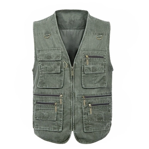 Gilet de pêche extérieur pour hommes en toile de coton vert olive à poches multiples
