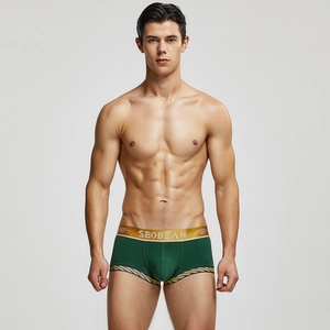 Detailansicht der dunkelgrünen Herren-Boxershorts mit goldenem Bund und Streifen am Bein
