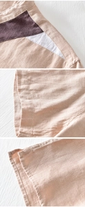 Detail of linen t-shirt collar featuring beige, brown and white geometric patchwork design
