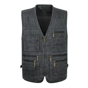 Gilet décontracté homme gris foncé en coton avec multiples poches pour pêche et loisirs