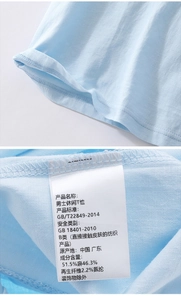 Detailed close-up of linen blend fabric texture and stitching on men's blue T-shirt