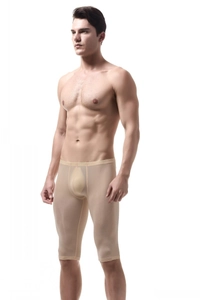 Close-up of skin-tone ice silk mid-length compression shorts for men with elastic fit