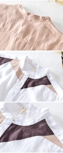 Detailed view of linen patchwork shirt showing collar, buttons, and natural texture