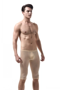 Detail of men's skin-tone ice silk mid-length boxer with breathable translucent fabric